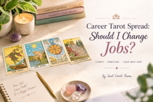 Career Tarot Spread: Should I Change Jobs? featuring tarot cards, a journal, crystals, books, and a softly lit workspace, by Tarot Coach Ruma.