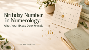 Birthday number in numerology with calendar date 16 highlighted, illustrating how your exact birth date reveals personality traits and personal strengths. By Tarot Coach Ruma.