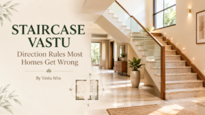 Modern Indian staircase interior with a Vastu compass and floor-plan graphic, illustrating staircase direction and placement rules, with the title “Staircase Vastu: Direction Rules Most Homes Get Wrong” by Vastu Isha.