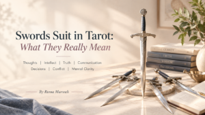 Swords Suit in Tarot: What They Really Mean – elegant silver swords with books symbolizing truth, intellect, communication, and mental clarity, by Ruma Marwah.