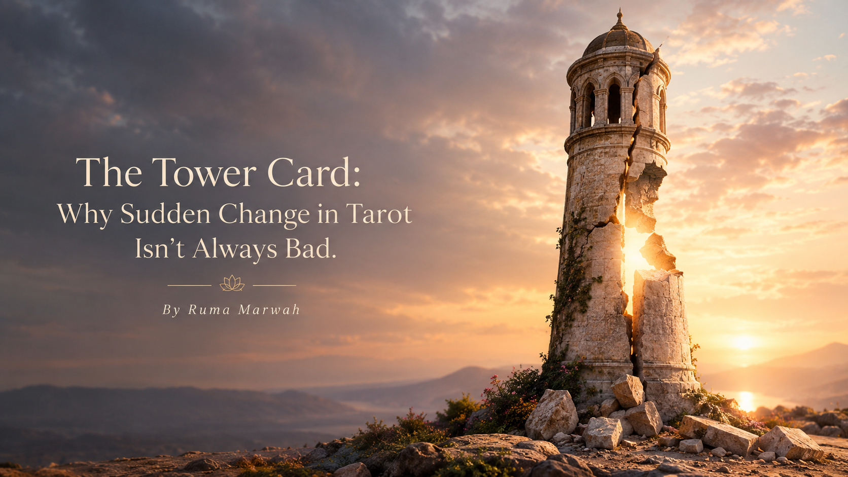Symbolic Tower-inspired scene representing sudden change, transformation, and new beginnings in Tarot.