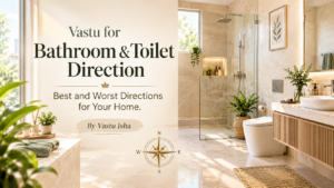 Vastu for Bathroom and Toilet Direction – modern Indian bathroom interior with elegant beige marble, glass shower, stylish vanity, and compass showing cardinal directions. By Vastu Isha.
