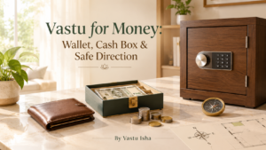 Vastu for money showing a wallet, cash box and home safe in an organised Indian interior, by Vastu Isha.