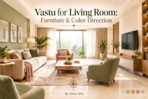 Modern Vastu-inspired living room with balanced furniture placement, soft neutral and sage colors, natural light, indoor plants, and a subtle compass, illustrating furniture and color direction principles.